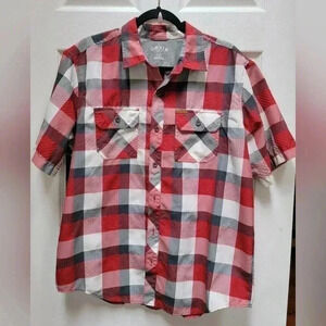 Orvis Red Plaid Men's Button Down Short Sleeve Shirt Size Large
